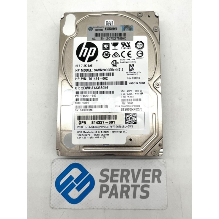 HP 2TB 7.2K SAS 12G 2.5" 791434-002 utan vagga