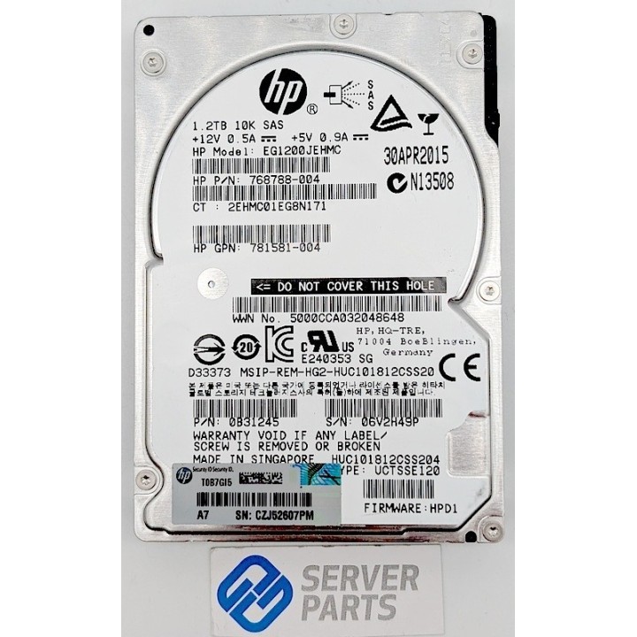 HP 1.2TB SAS 10K 768788-004 utan vagga